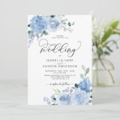 Light Blue Dusty Floral Botanical Elegant Wedding Kaart (Staand voorkant)