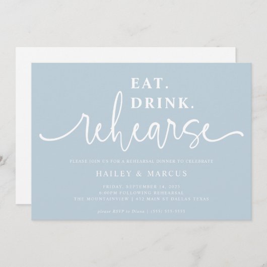 Light Blue Eat Drink Rehearse Dinner Kaart (Voorkant / Achterkant)