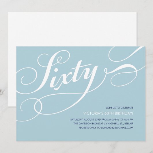 Light Blue Elegant 60th Birthday Invitations Kaart (Voorkant / Achterkant)