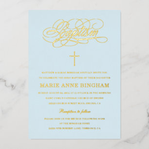Light Blue Elegant Calligraphy Baptisme Gold Folie Uitnodiging
