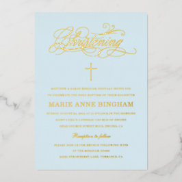 Light Blue Elegant Calligraphy Christening Gold Folie Uitnodiging