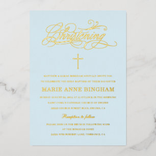 Light Blue Elegant Calligraphy Christening Gold Folie Uitnodiging