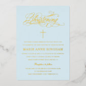 Light Blue Elegant Calligraphy Christening Gold Folie Uitnodiging (Voorkant)
