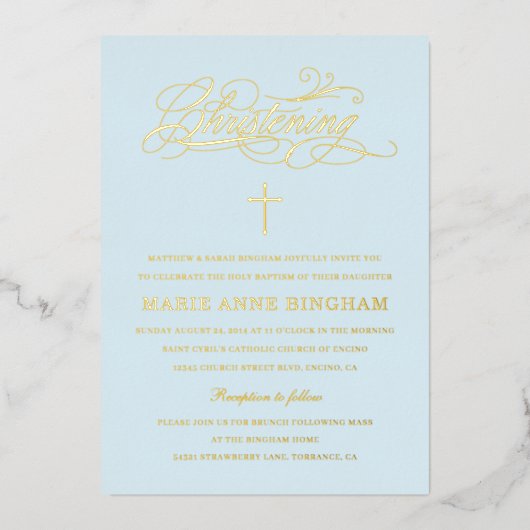 Light Blue Elegant Calligraphy Christening Gold Folie Uitnodiging (Voorkant)