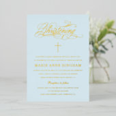 Light Blue Elegant Calligraphy Christening Gold Folie Uitnodiging (Staand Voorkant)