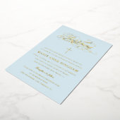 Light Blue Elegant Calligraphy Christening Gold Folie Uitnodiging (Gedraaid)