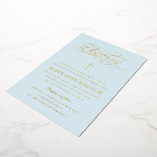 Light Blue Elegant Calligraphy Christening Gold Folie Uitnodiging (Gedraaid)