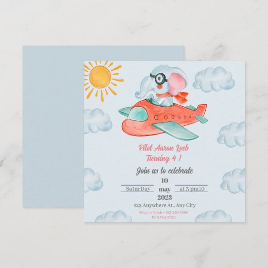 Light Blue Elephant Pilot Birthday Invitation Kaart (Voorkant / Achterkant)
