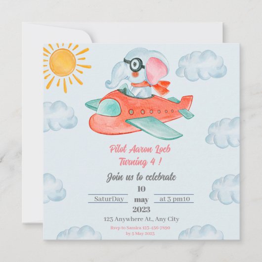 Light Blue Elephant Pilot Birthday Invitation Kaart (Voorkant)