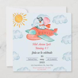 Light Blue Elephant Pilot Birthday Invitation Kaart