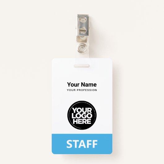 Light Blue Employee Name Business Logo Label Badge (Voorkant met clip)