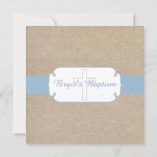 Light Blue en Beige Burlap Baptism Invitation Kaart (Voorkant)