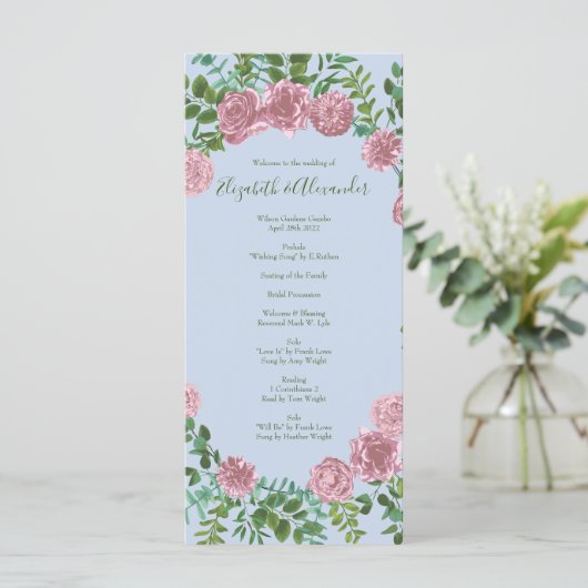 Light Blue en Bleek Pink Peony Roos Wedding Progra Menu (Staand voorkant)