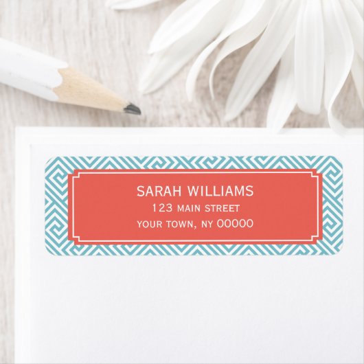 Light Blue en Coral Greek Key Patroon Etiket (Insitu)