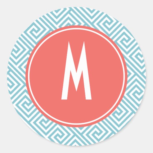 Light Blue en Coral Greek Key Pattern Monogram Ronde Sticker (Voorkant)