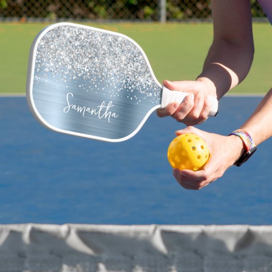 Light Blue en Glittery Silver Glam Script Name Pickleball Paddle (Insitu)