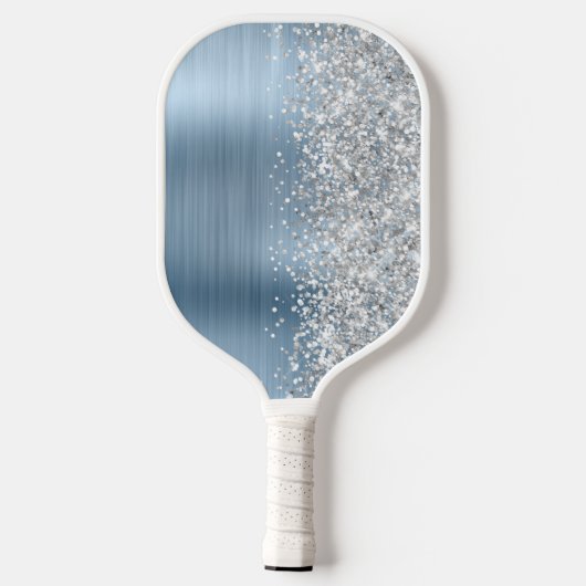 Light Blue en Glittery Silver Glam Script Name Pickleball Paddle (Achterkant)