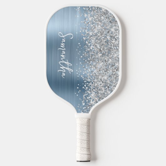 Light Blue en Glittery Silver Glam Script Name Pickleball Paddle (Voorkant)