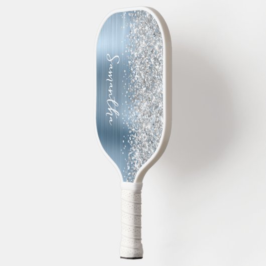 Light Blue en Glittery Silver Glam Script Name Pickleball Paddle (Links)