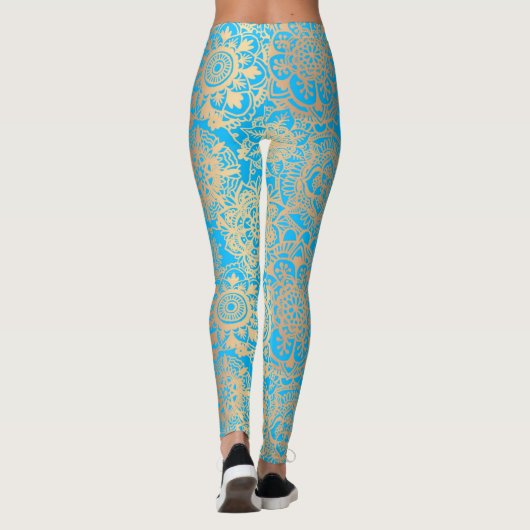 Light Blue en Gold Boho Mandala Pattern Yoga Leggings (Achterkant)
