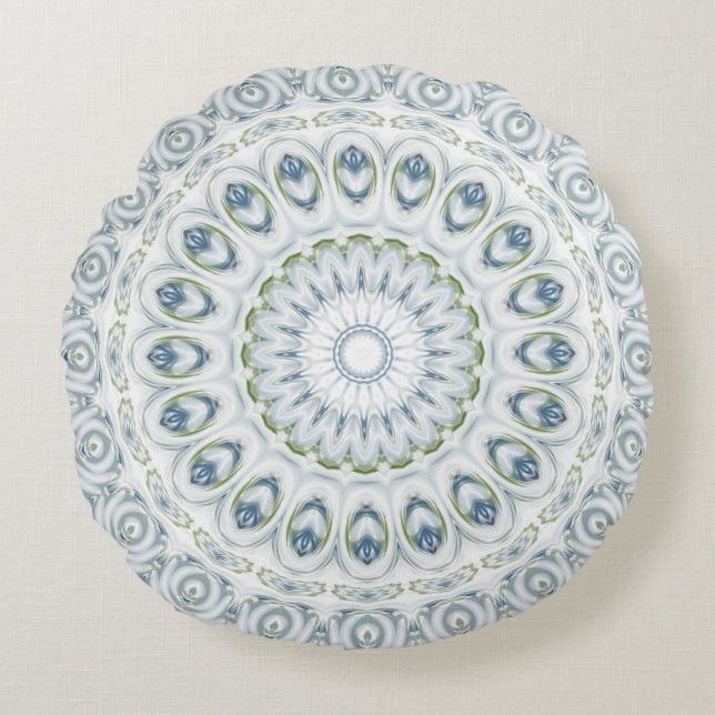 Light Blue en Green Medallion Design Rond Kussen (Voorkant)