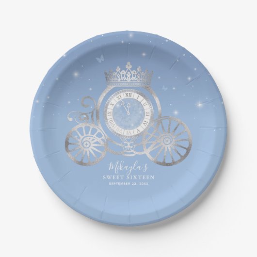Light Blue en Silver Cinderella Princess Birthday Papieren Bordje (Voorkant)