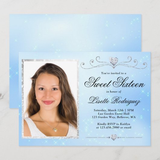 Light Blue en Silver Sweet 16 Zestien verjaardag Kaart (Voorkant / Achterkant)