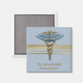 Light Blue Faux Gold Foil Stripes Medical Caduceus Magneet (Voorkant / Achterkant)