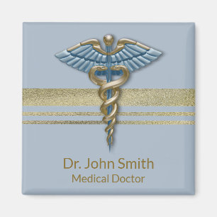 Light Blue Faux Gold Foil Stripes Medical Caduceus Magneet