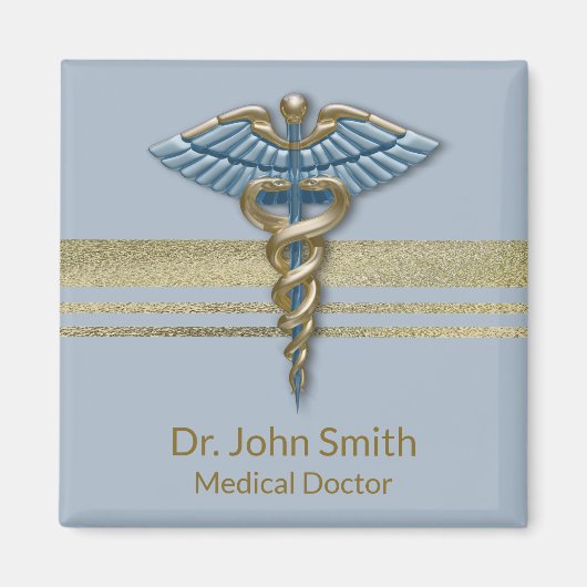 Light Blue Faux Gold Foil Stripes Medical Caduceus Magneet (Voorkant)