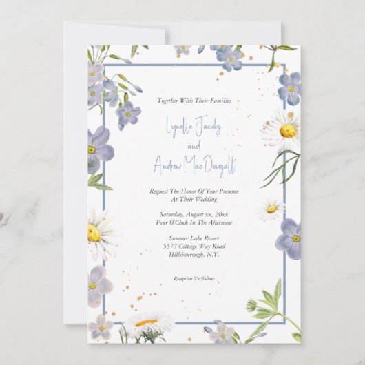 Light Blue, Fijne Floral Wedding Uitnodiging (Voorkant)