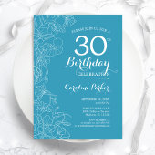 Light Blue Floral 30th Birthday Party Kaart
