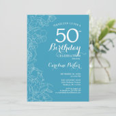 Light Blue Floral 50th Birthday Party Kaart (Staand voorkant)