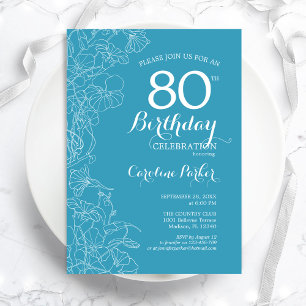Light Blue Floral 80th Birthday Party Kaart
