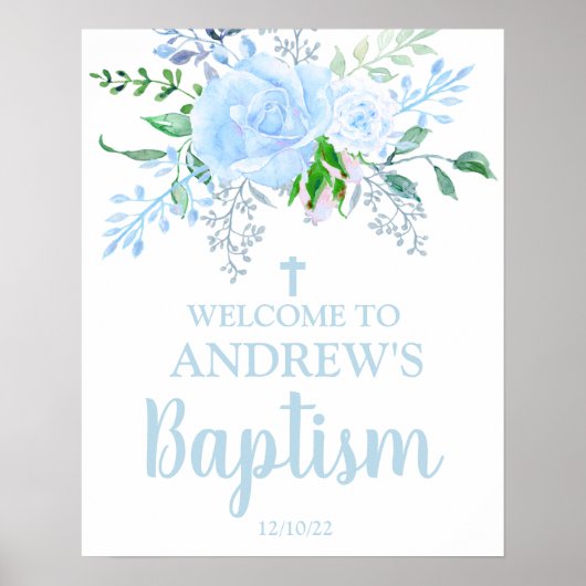 Light Blue Floral Baptism Boy Welkom, 16x20 Poster (Voorkant)