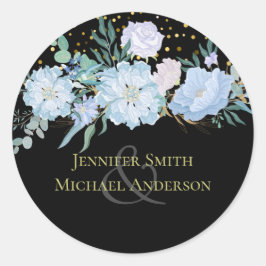 Light Blue Floral Black Modern Wedding Budget Ronde Sticker