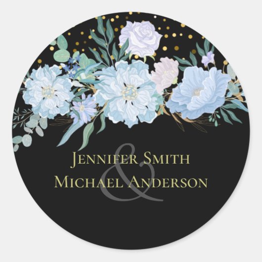 Light Blue Floral Black Modern Wedding Budget Ronde Sticker (Voorkant)
