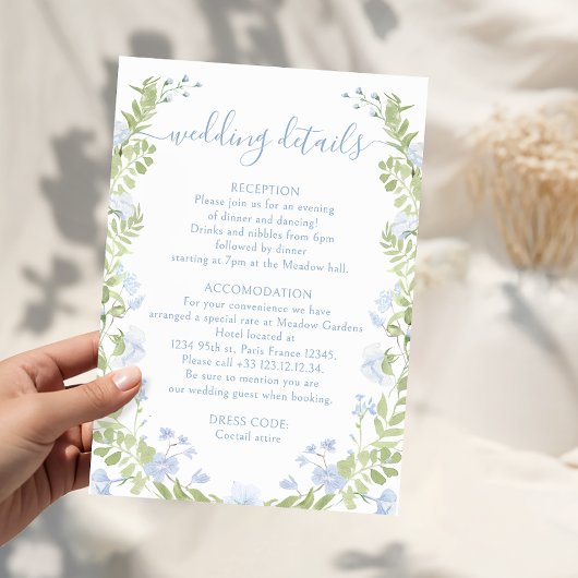 Light blue floral Boho Chic Wedding Details Cards Informatiekaartje