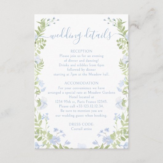 Light blue floral Boho Chic Wedding Details Cards Informatiekaartje (Voorkant)