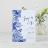Light Blue Floral Chinoiserie Photo Save the Date (Staand voorkant)