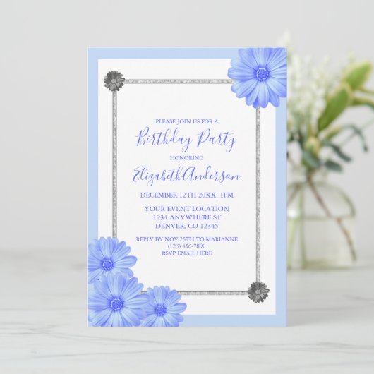 Light Blue Floral Elegant Birthday Kaart (Staand voorkant)