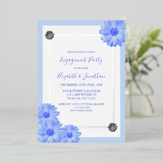Light Blue Floral Elegant Engagement Party Folie Uitnodiging (Staand Voorkant)