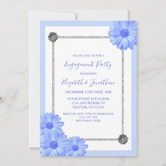 Light Blue Floral Elegant Engagement Party Kaart (Voorkant)