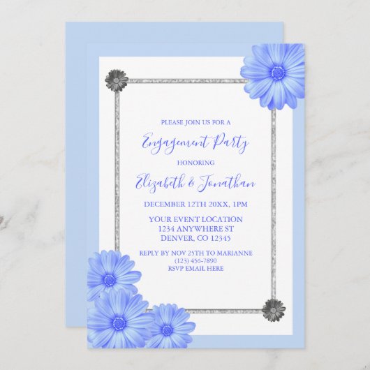 Light Blue Floral Elegant Engagement Party Kaart (Voorkant / Achterkant)