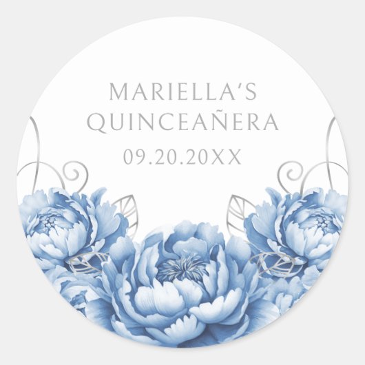 Light Blue Floral Elegant Quinceanera Ronde Sticker (Voorkant)