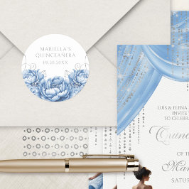 Light Blue Floral Elegant Quinceanera Ronde Sticker