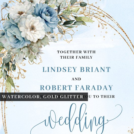 Light Blue Floral Gold Glitter Boho Wedding Invite Kaart