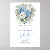 Light Blue Floral Greenery Sweet 16 Welcome Poster (Voorkant)