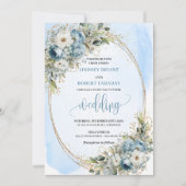 Light Blue Floral Greenery wedding invitation Kaart (Voorkant)