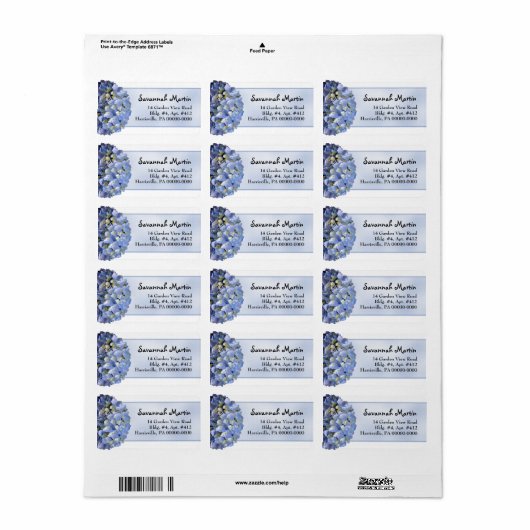 Light Blue Floral Hydrangea Wide Etiket (Full Sheet)